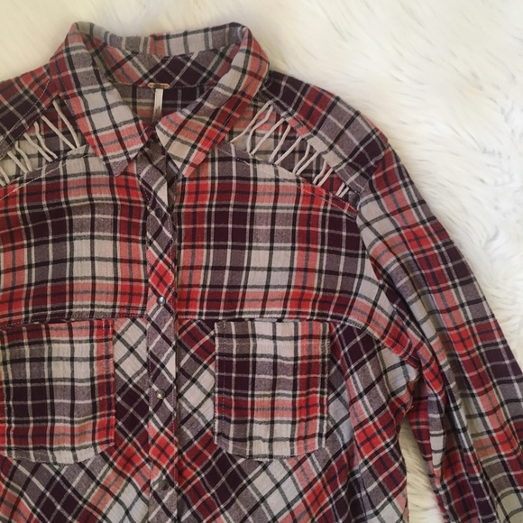 Free People Stitch Detail Plaid Red Purple Flannel Button Up - Picture 3 of 8